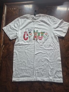 Gildan White "Mrs. Claus" Holiday Graphic Tee with Red & Green Accents